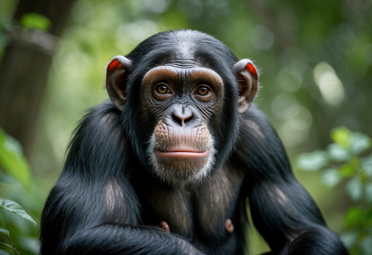 A close-up of a chimpanzee sitting in a forest with an expressive and thoughtful face.