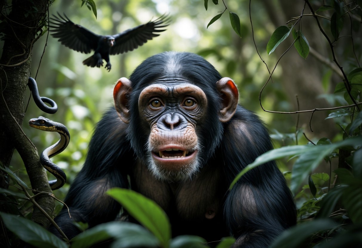 A chimpanzee in a forest looking scared with wide eyes, recoiling slightly, with a snake nearby and a large bird flying overhead.
