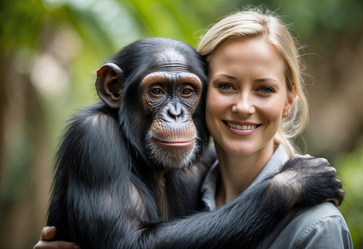 A chimpanzee being gently hugged by a smiling human in a green outdoor setting.