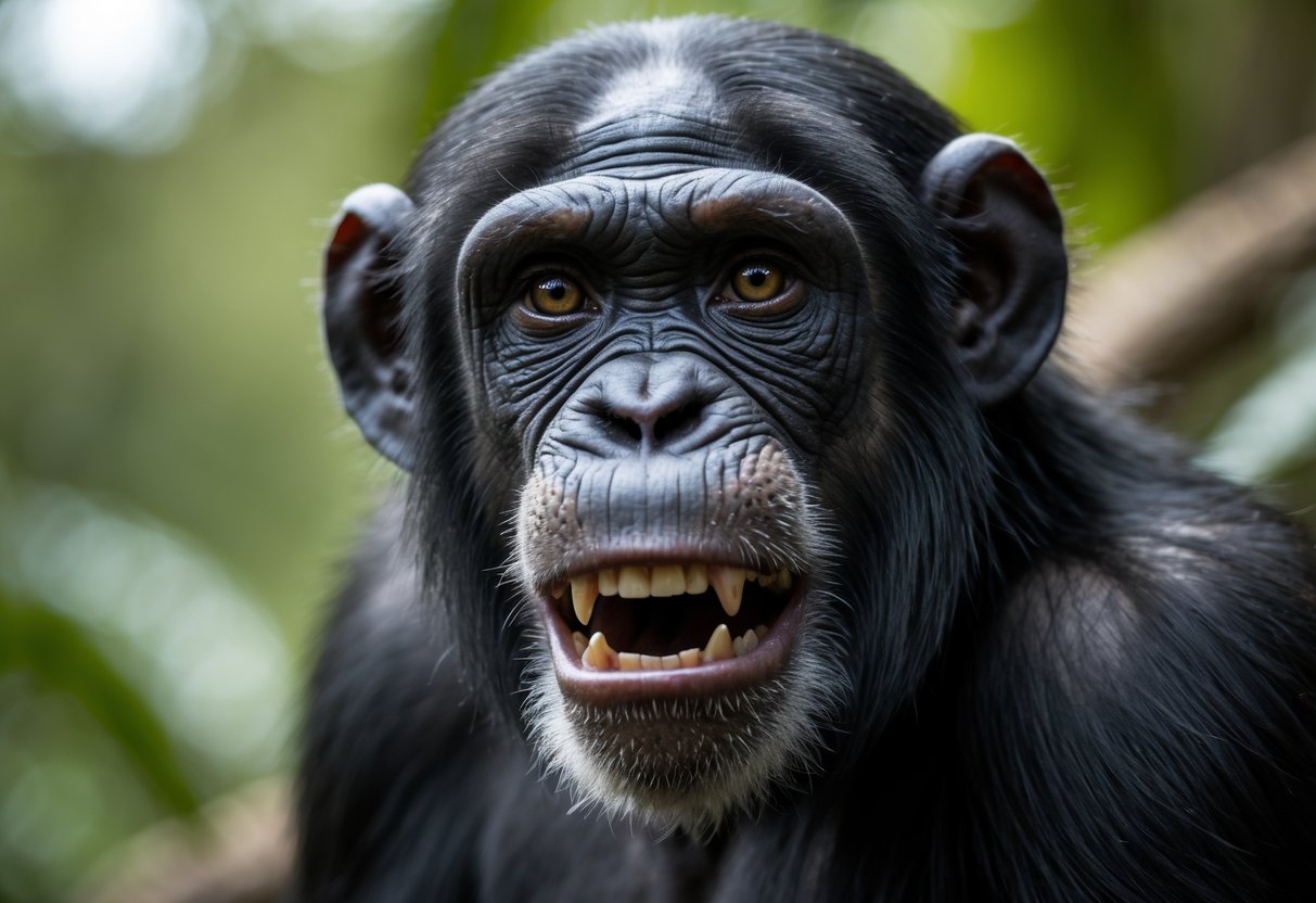 Close-up of a chimpanzee showing its face with intense eyes and slightly bared teeth in a natural outdoor setting.