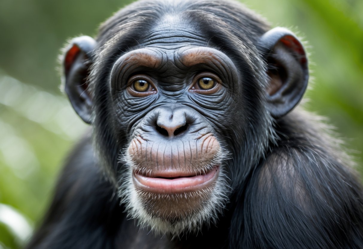 A chimpanzee smiling gently while looking directly at the camera with a natural green background.