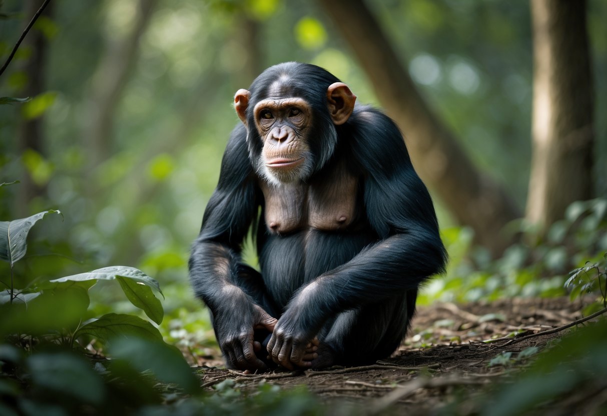 A chimpanzee sitting on the ground in a forest, gently rocking back and forth.