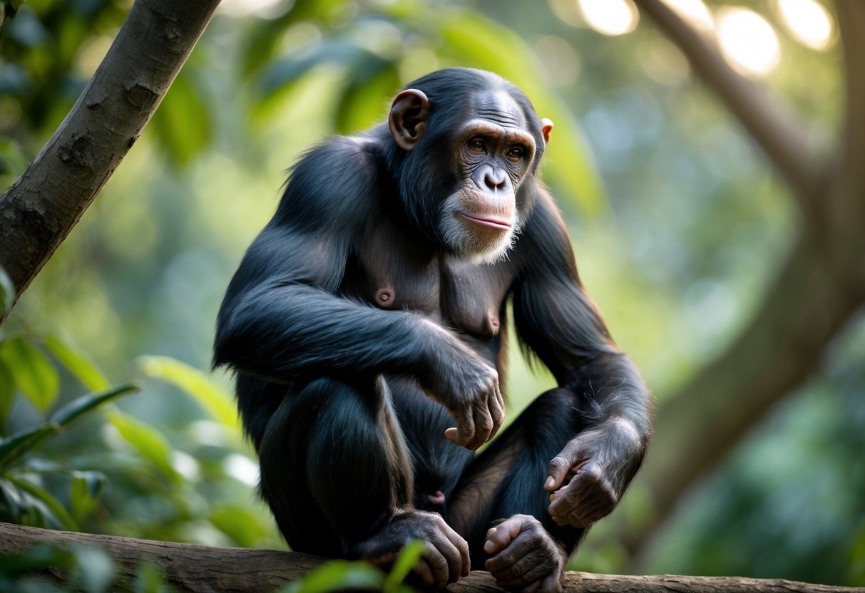 A chimpanzee sitting among green foliage, gently rocking back and forth in a natural environment.