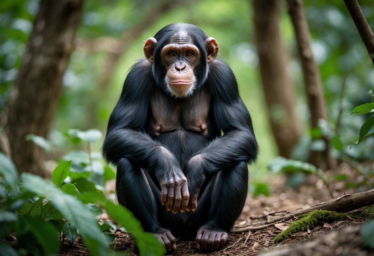A chimpanzee sitting calmly on the forest floor surrounded by green foliage.