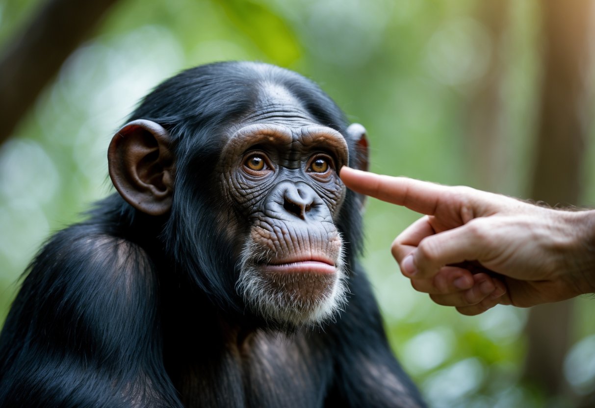 A chimpanzee looking attentively in the direction a human is pointing with an outstretched finger in a natural outdoor setting.