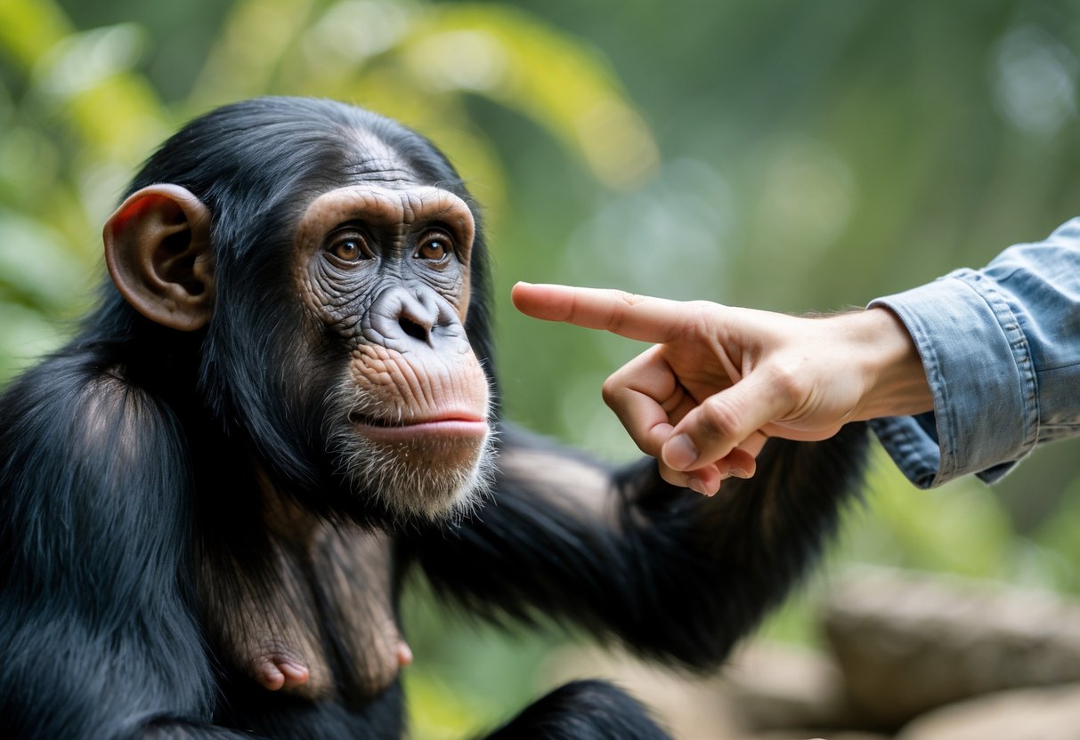 A chimpanzee attentively looking where a human is pointing with their finger outdoors.