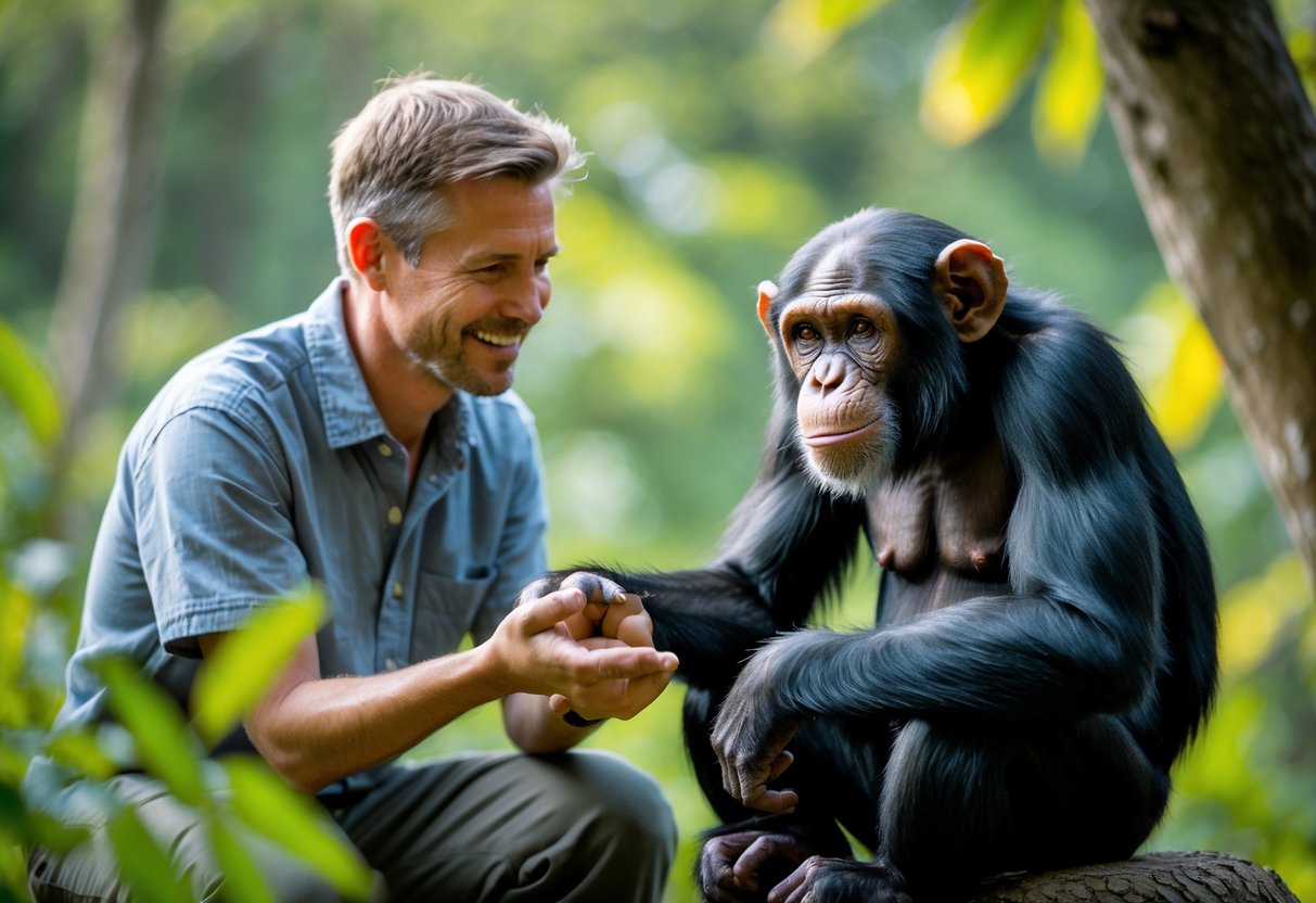 A person gently reaching out to touch the hand of a calm chimpanzee in a green outdoor setting.