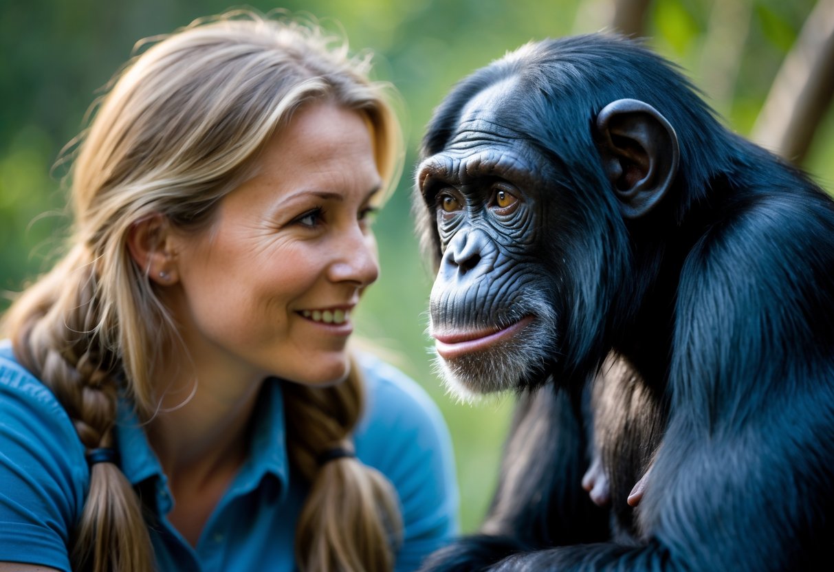 A human smiling gently at a chimpanzee in a natural outdoor setting, both looking at each other with curiosity.