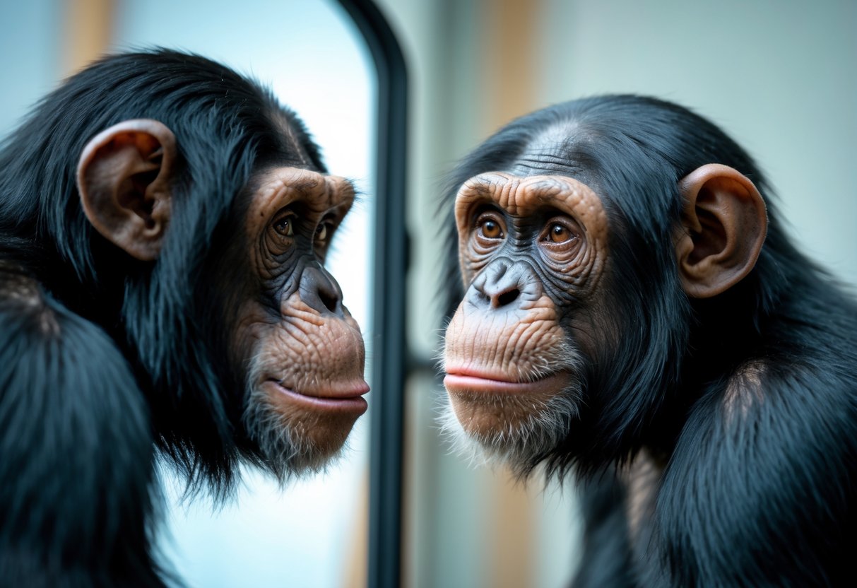 A chimpanzee looking closely at its reflection in a mirror.