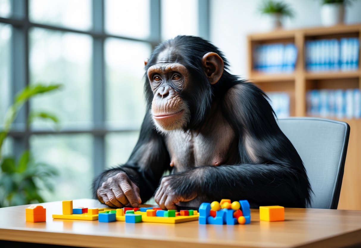 A chimpanzee sitting at a desk with puzzle pieces and educational toys, looking thoughtfully in a bright office setting.