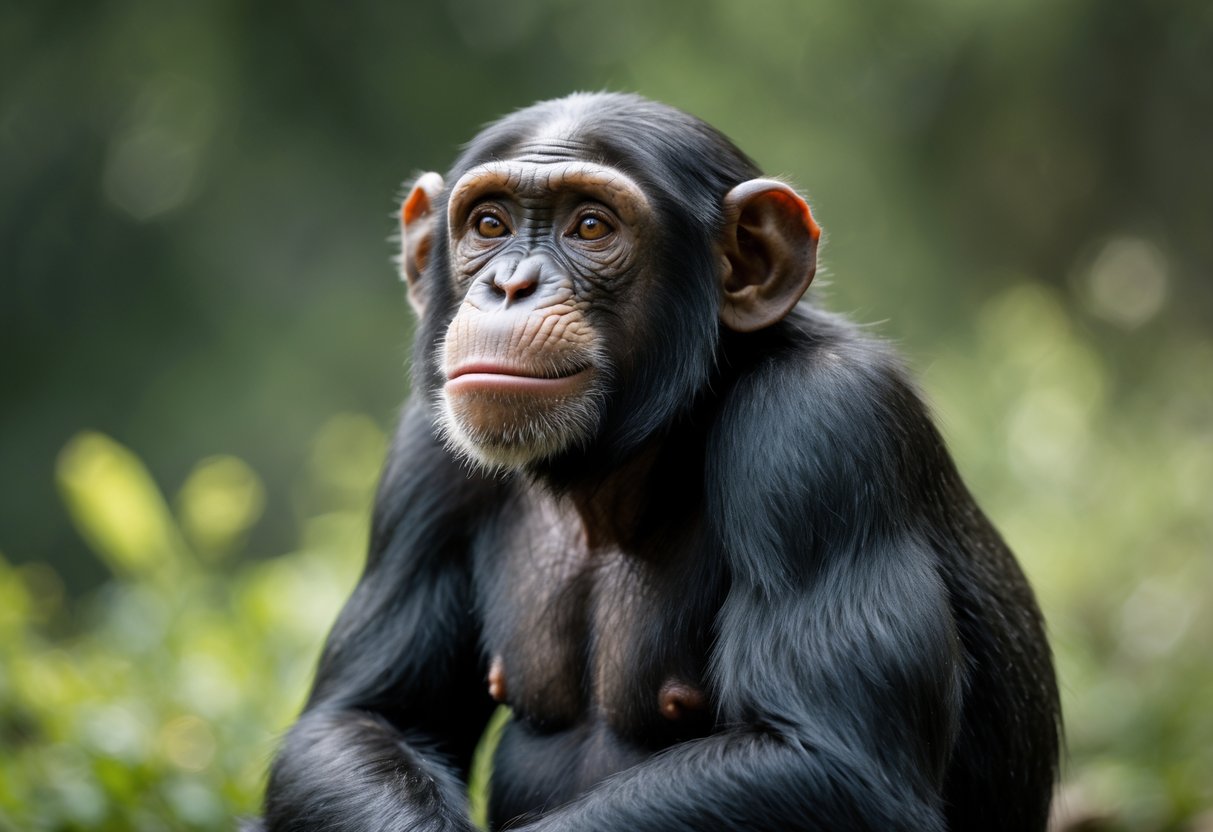 Close-up of a chimpanzee sitting outdoors with a thoughtful and curious expression.