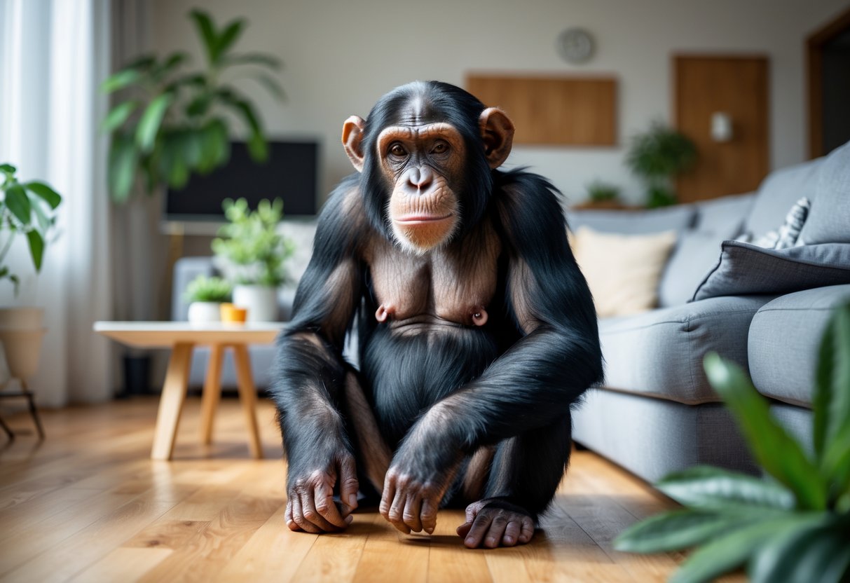 A chimpanzee sitting calmly in a modern living room with furniture and plants.