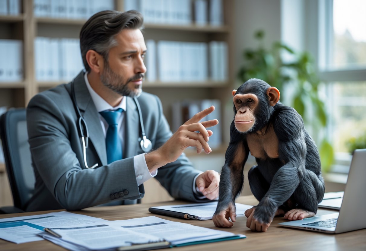 A professional in an office thoughtfully examining a chimpanzee model on a desk surrounded by books and documents.