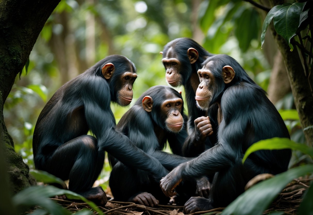 A group of chimpanzees interacting in a dense jungle, showing tense social behavior among them.