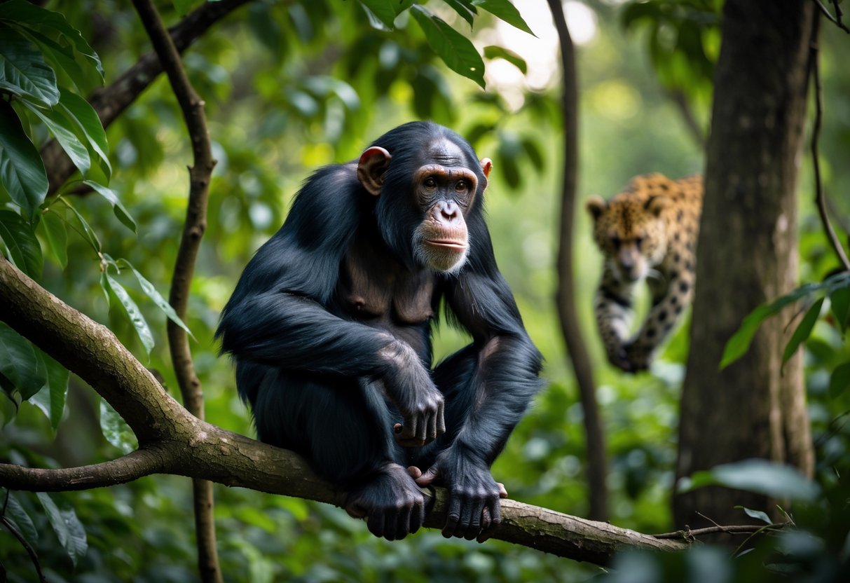 A chimpanzee sitting on a tree branch in a dense forest with a leopard visible in the background.