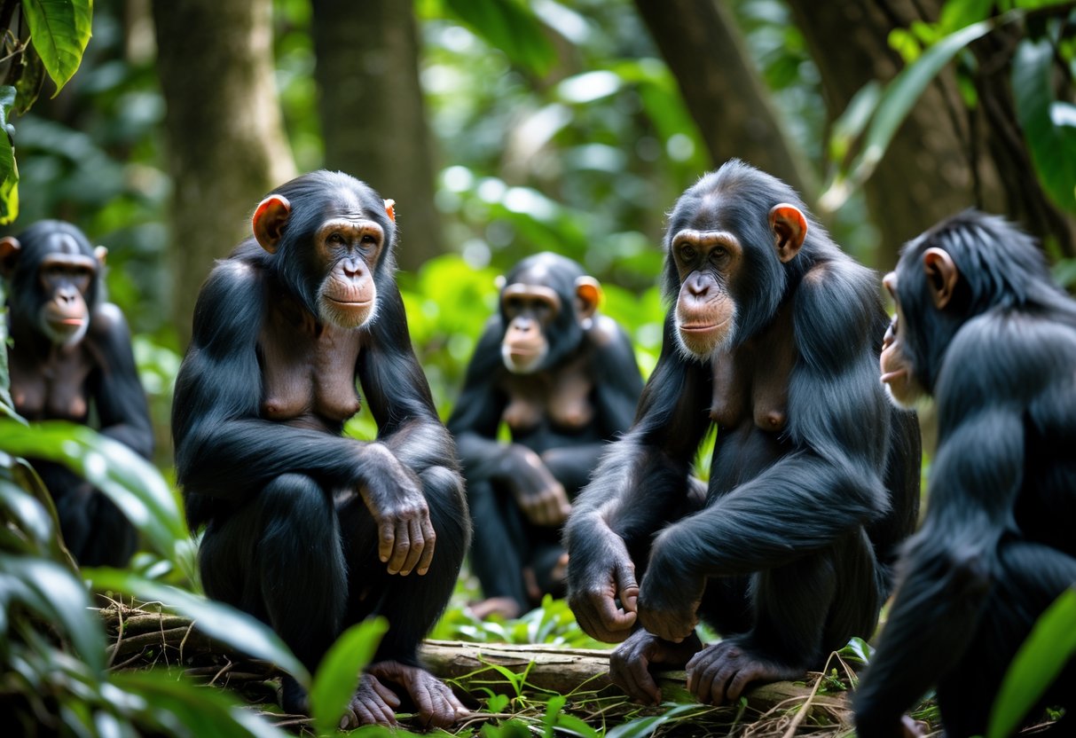 A female chimpanzee sitting apart from a dominant male chimpanzee in a jungle setting, with other chimpanzees nearby and dense green foliage around them.