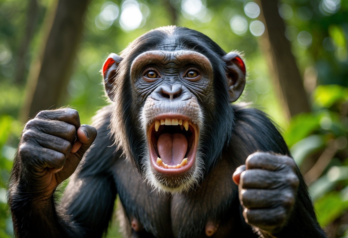 Close-up of a chimpanzee with its mouth open, appearing to scream or vocalize excitedly in a forest setting.