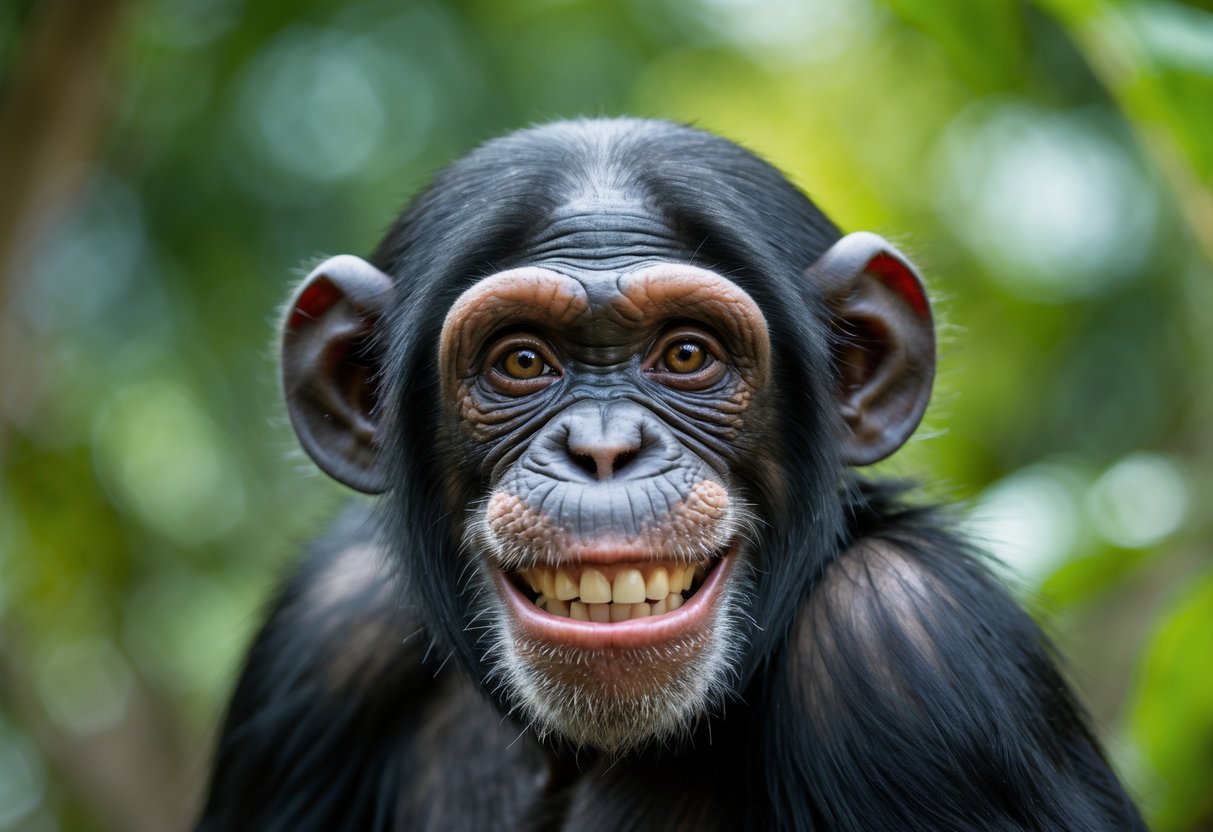 A chimpanzee smiling directly at the camera with green foliage in the background.