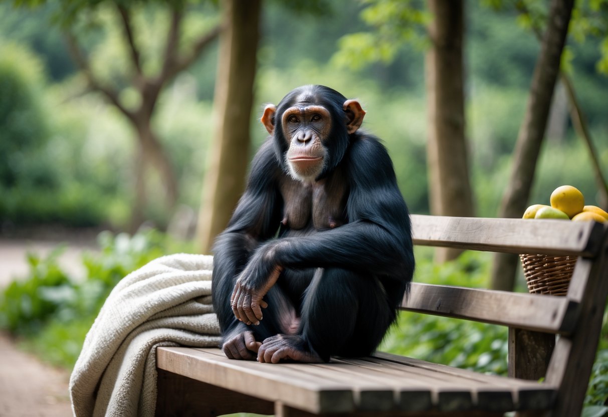 A chimpanzee sitting calmly on a wooden bench outdoors with greenery in the background.