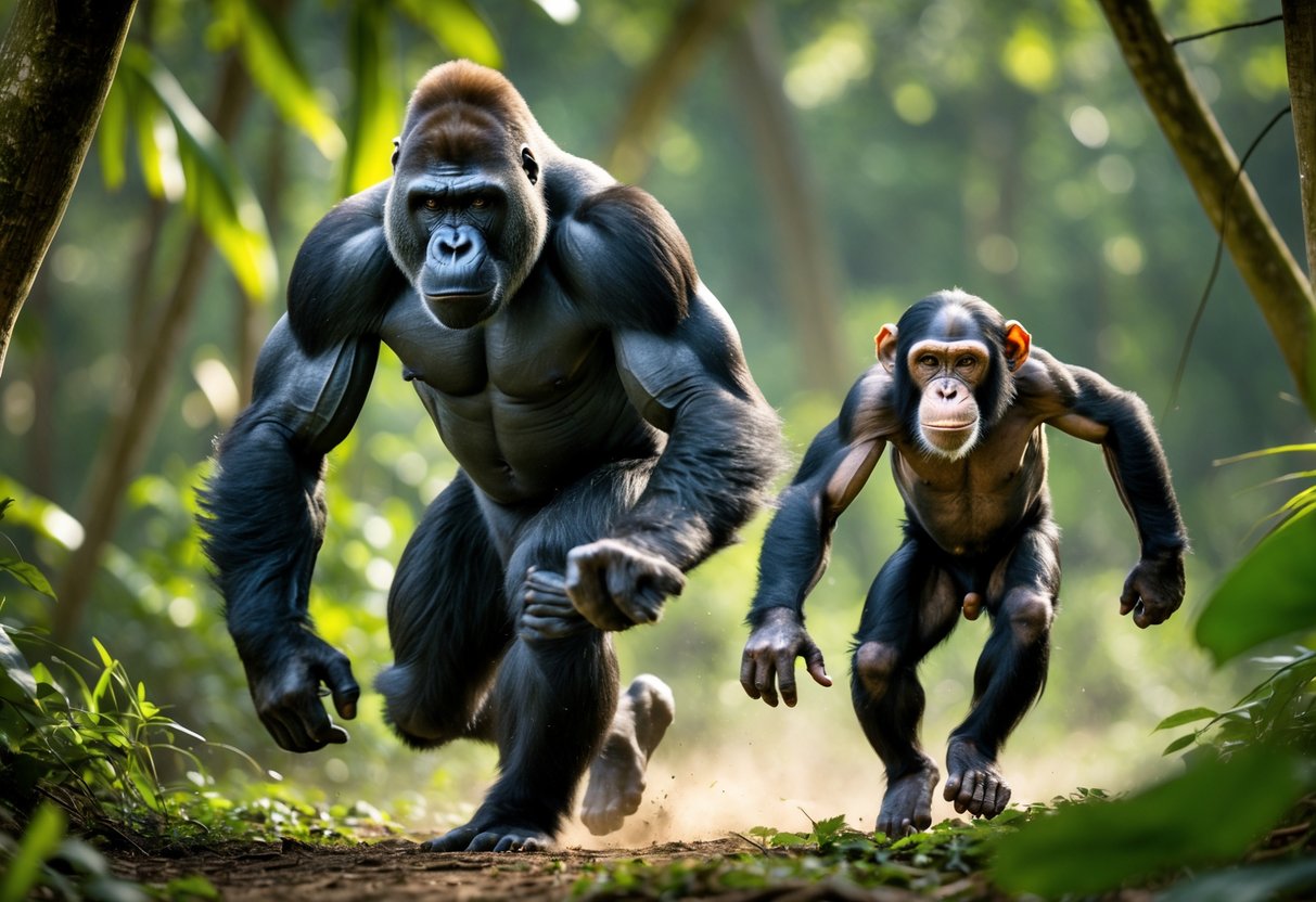 A gorilla and a chimpanzee running side by side in a green forest.