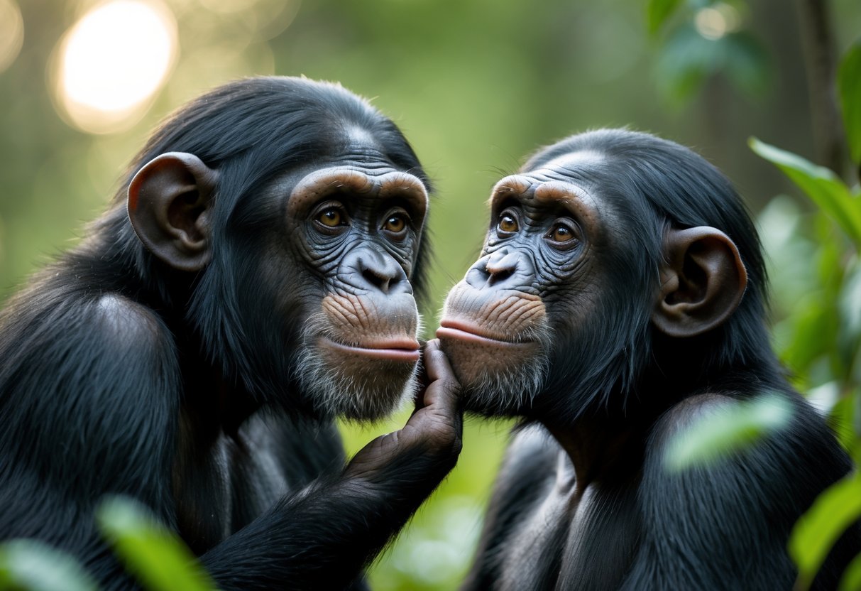 Two chimpanzees gently touching and looking at each other in a forest setting.