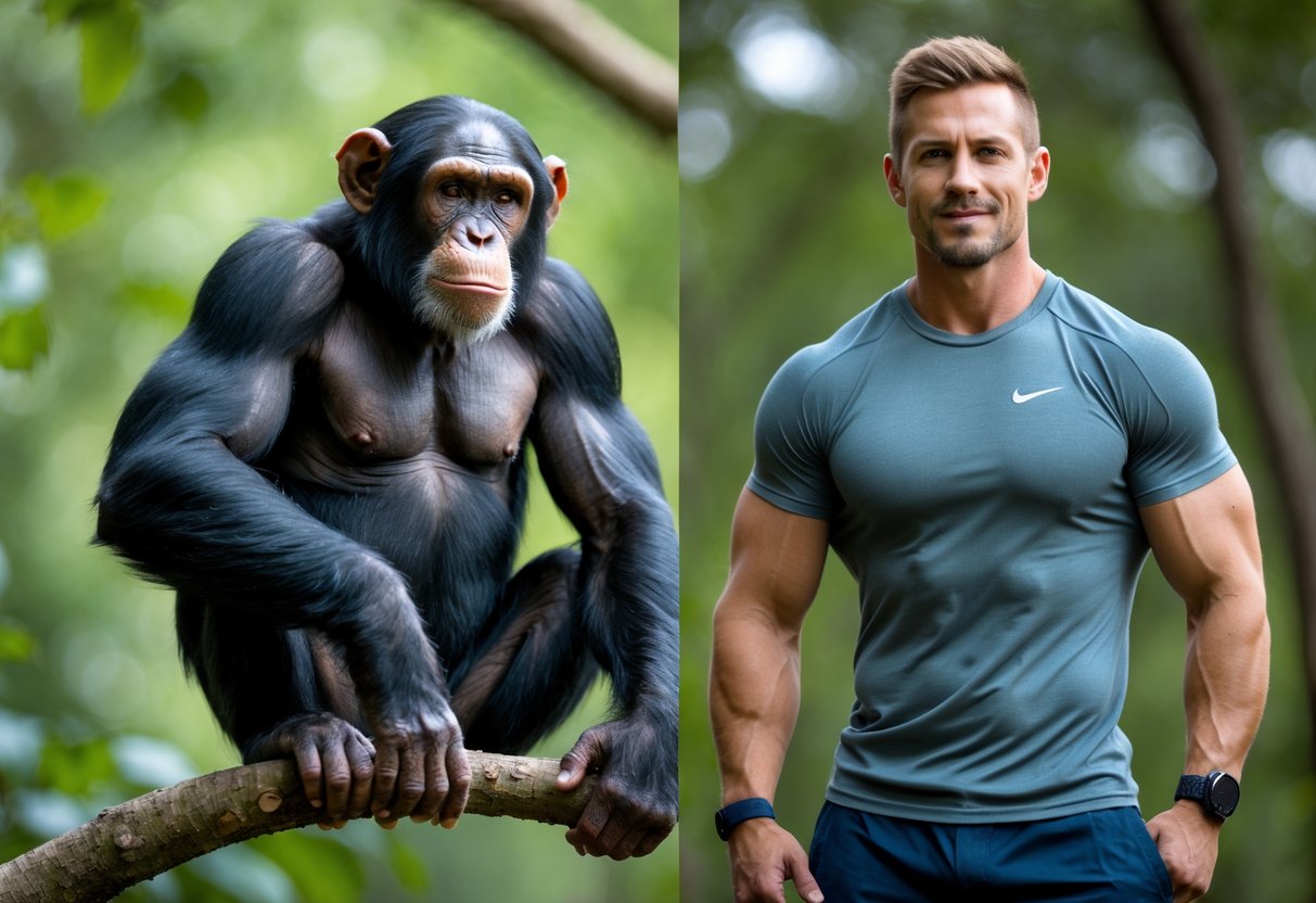 A chimpanzee sitting on a tree branch next to a standing human man in a forest, both showing their muscular physiques.