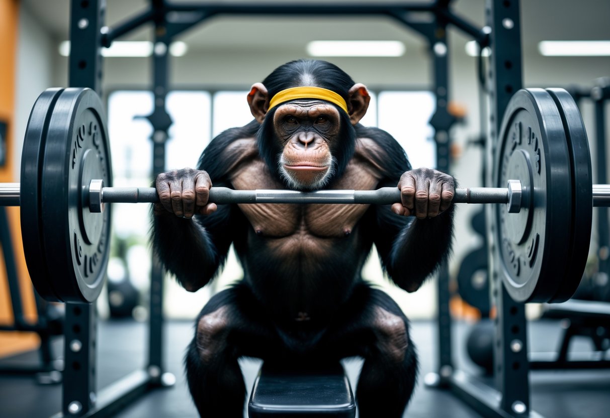 A chimpanzee lifting a heavy barbell on a bench press in a gym.