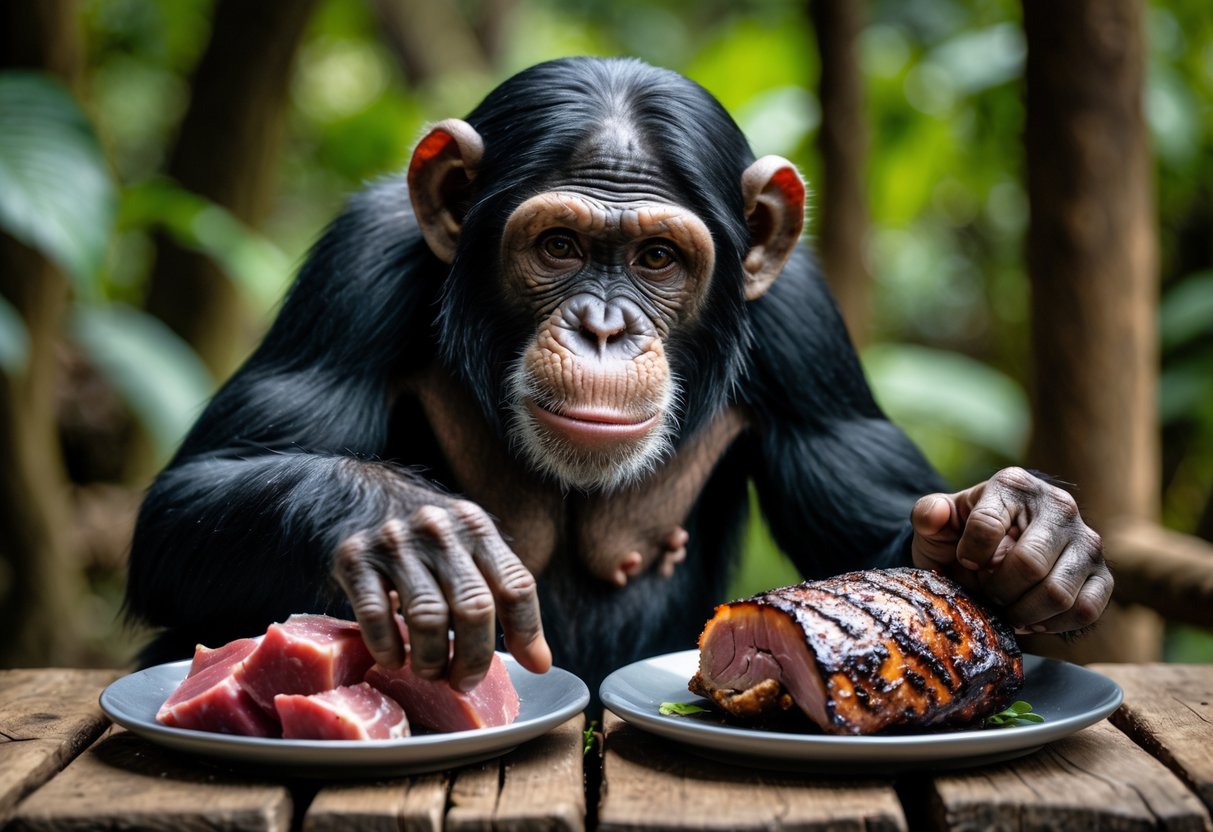A chimpanzee sitting at a wooden table with plates of raw and cooked meat, reaching towards the cooked meat in a jungle setting.
