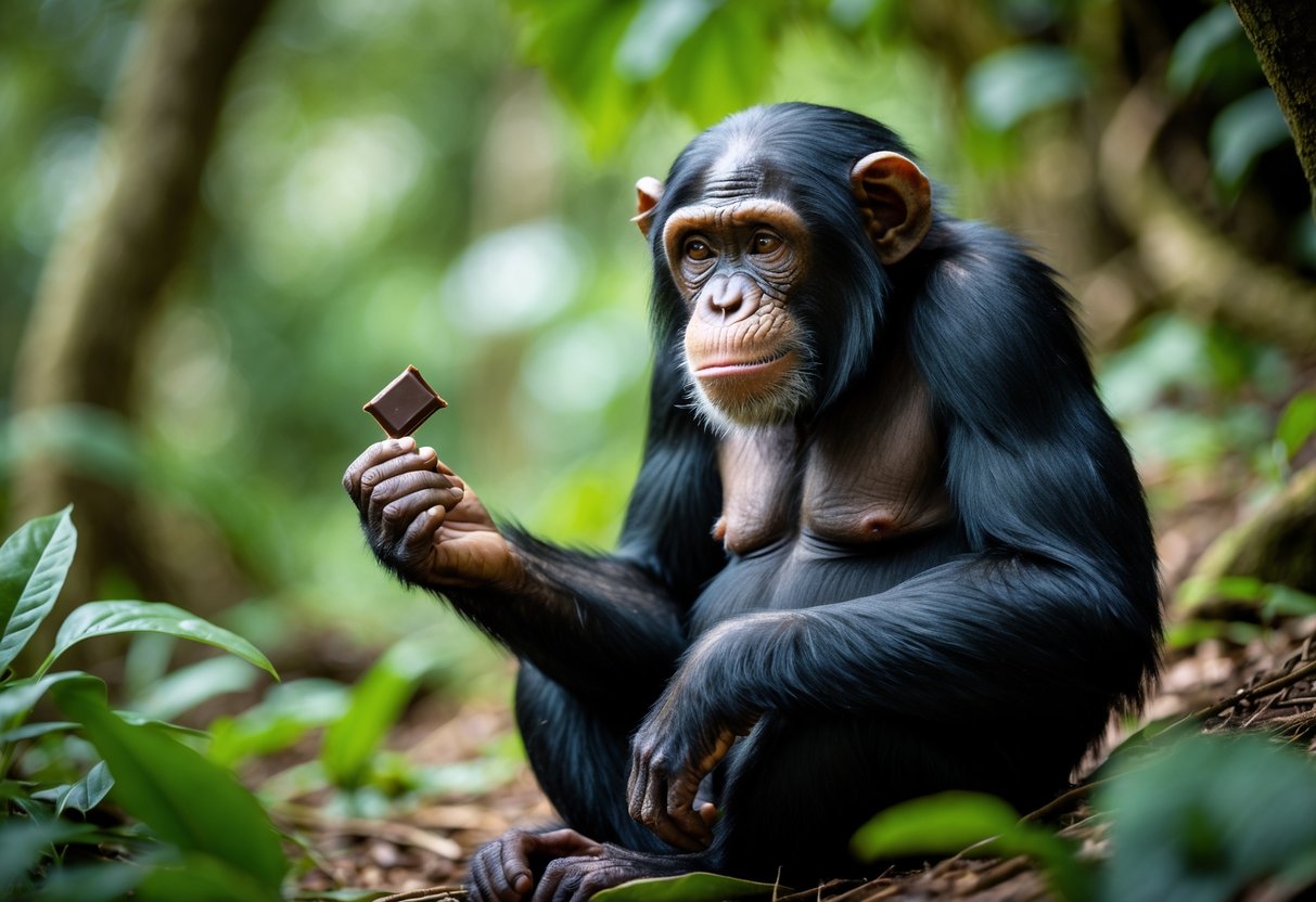 A chimpanzee sitting on the forest floor holding a small piece of chocolate and looking at it.