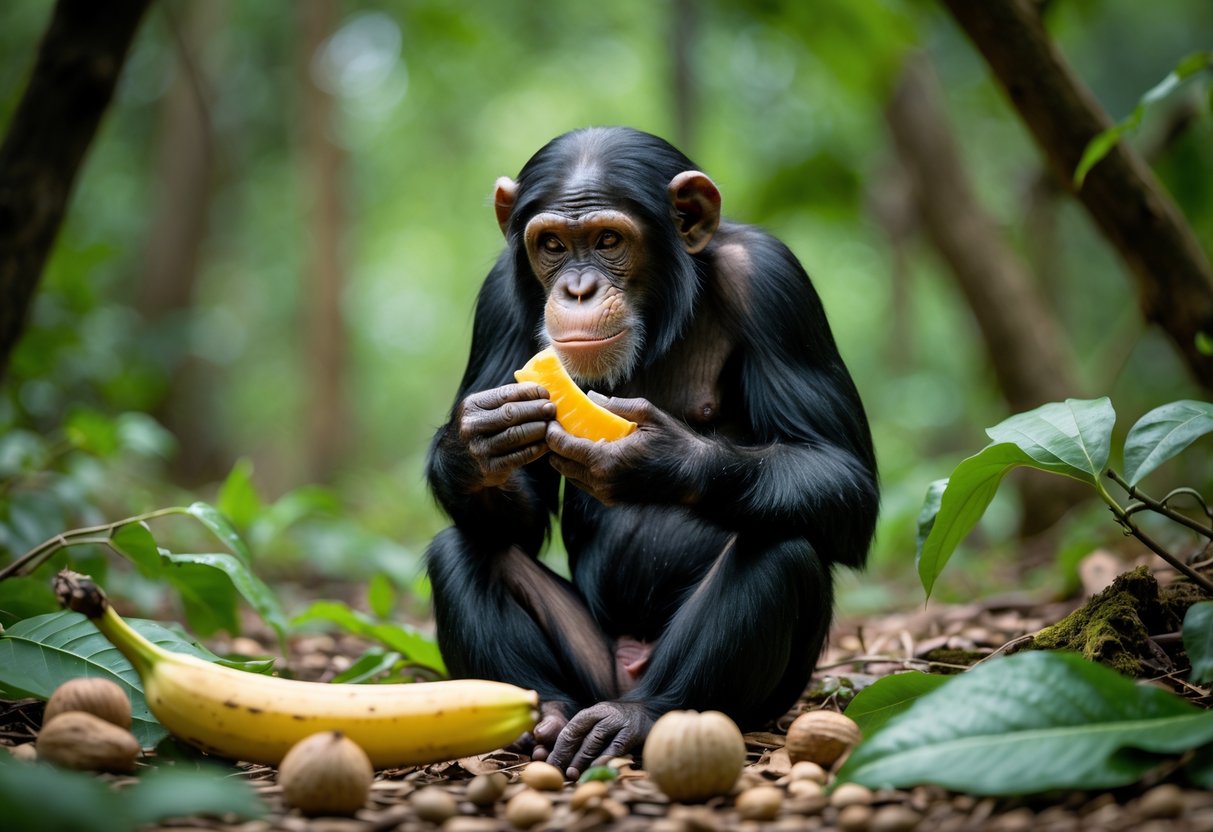 A chimpanzee sitting in a forest holding a piece of fruit with natural foods like leaves and berries around it.