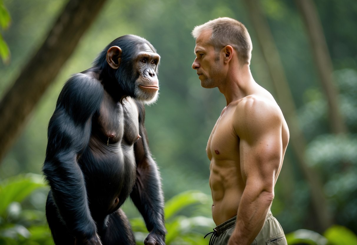 A chimpanzee and a human standing face to face outdoors, both looking at each other in a natural forest setting.