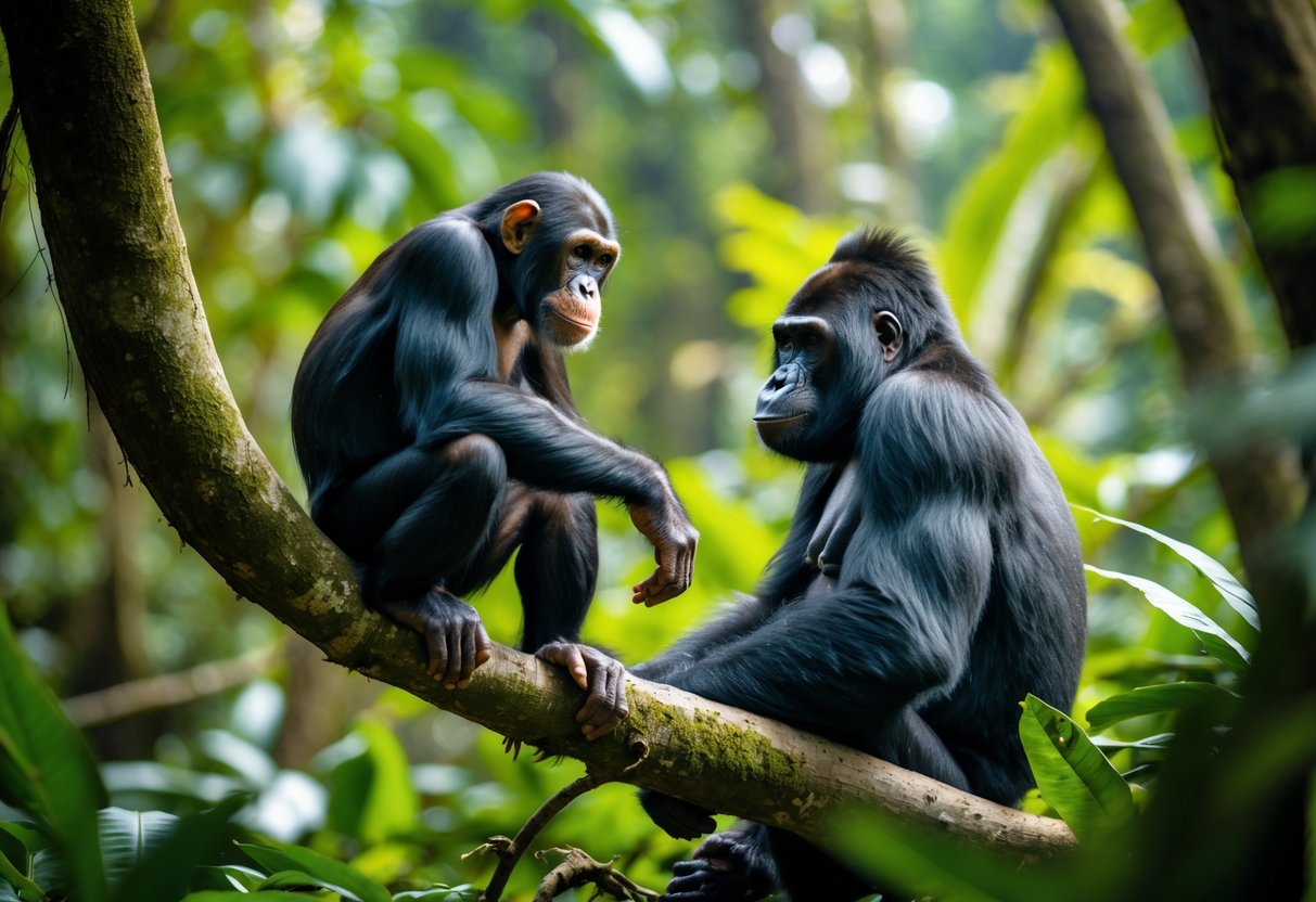 A chimpanzee sitting on a tree branch looks at a gorilla standing on the ground in a dense green rainforest.