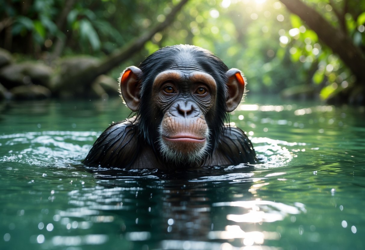 A chimpanzee swimming in clear water surrounded by a green jungle background.