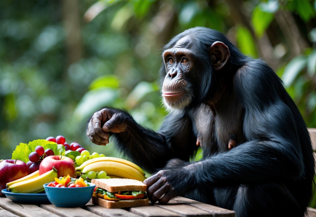 A chimpanzee sitting at a picnic table reaching toward various human foods like fruits and a sandwich outdoors.