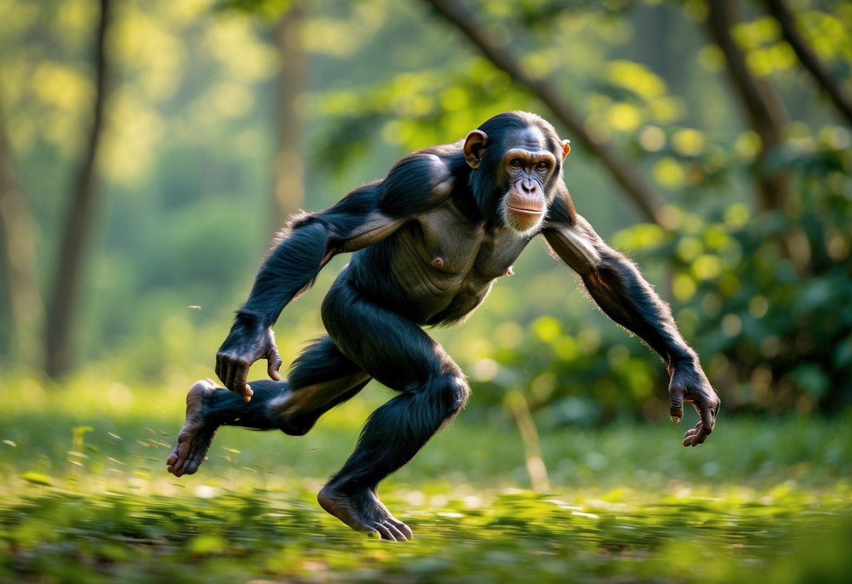 A chimpanzee running quickly through a forest clearing with green trees in the background.