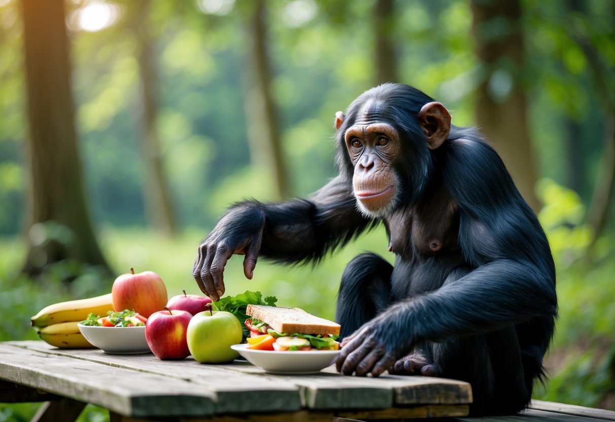 A chimpanzee reaching for various human foods on a picnic table in a forest.