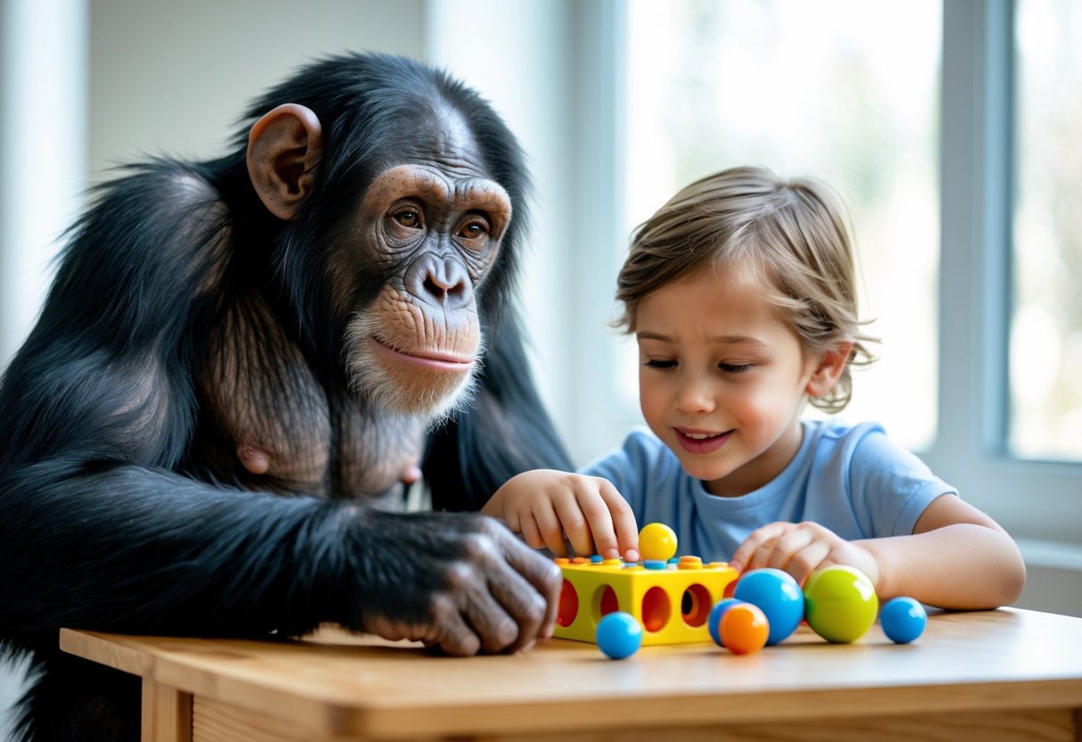 A chimpanzee and a 7-year-old child sitting together at a table, both focused on solving a puzzle.