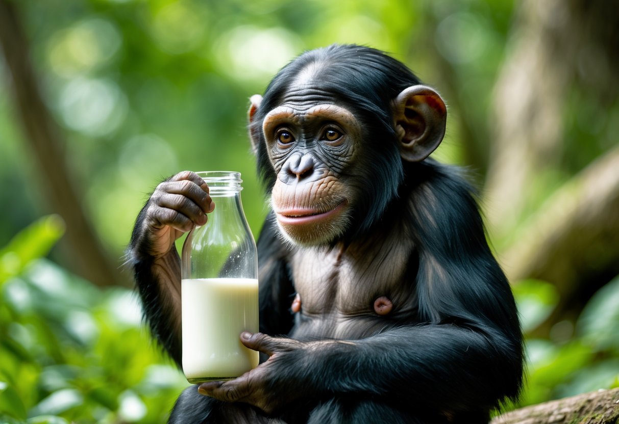 A young chimpanzee holding a glass bottle of milk close to its mouth in a forest setting.