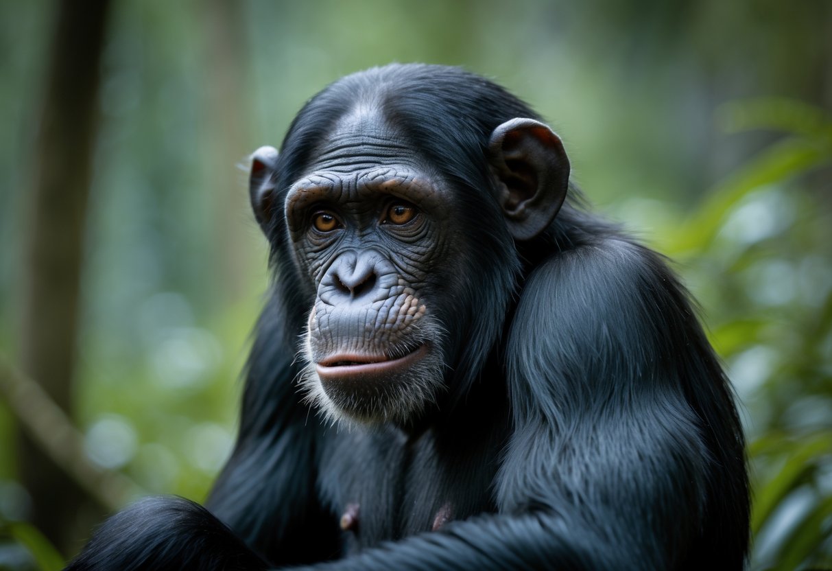Close-up of a chimpanzee with a sad expression and moist eyes sitting in a forest.