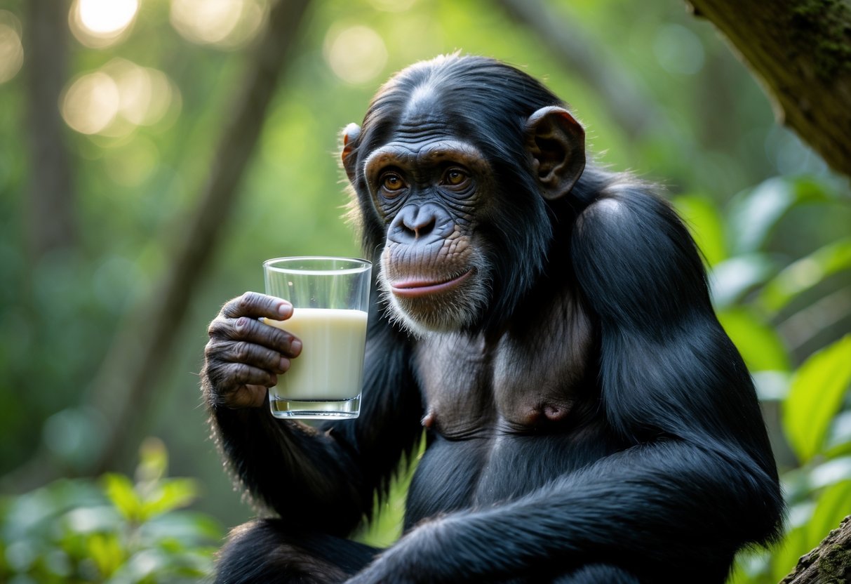 A chimpanzee sitting in a forest holding a glass of milk and looking at it.