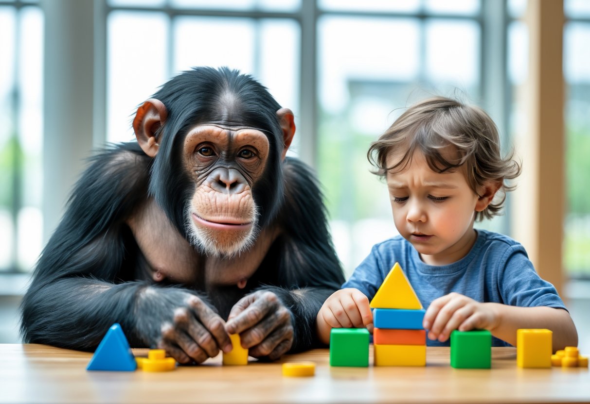 A chimpanzee and a young child sitting side by side at a table, both focused on solving puzzles.