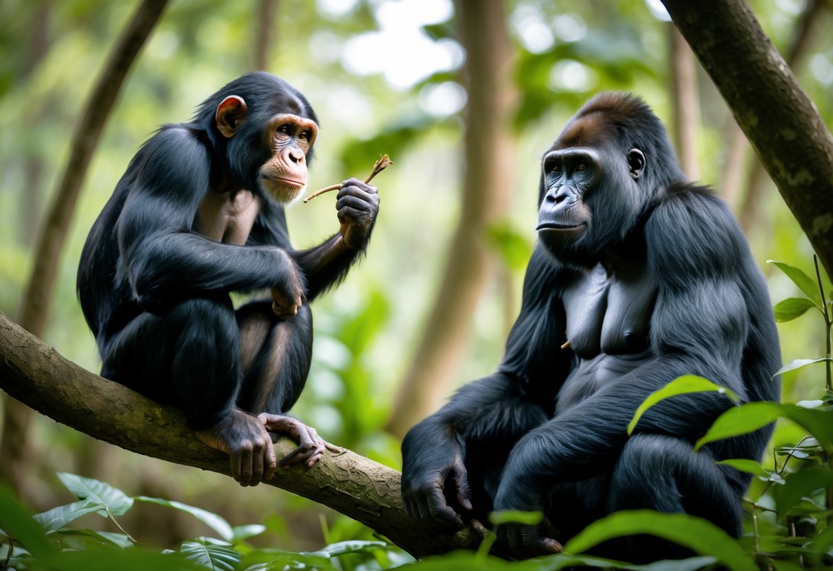 A chimpanzee sitting on a tree branch and a gorilla sitting on the ground facing each other in a forest.