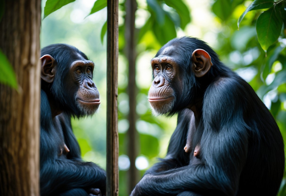 A chimpanzee looking at its own reflection in a mirror inside a natural enclosure.