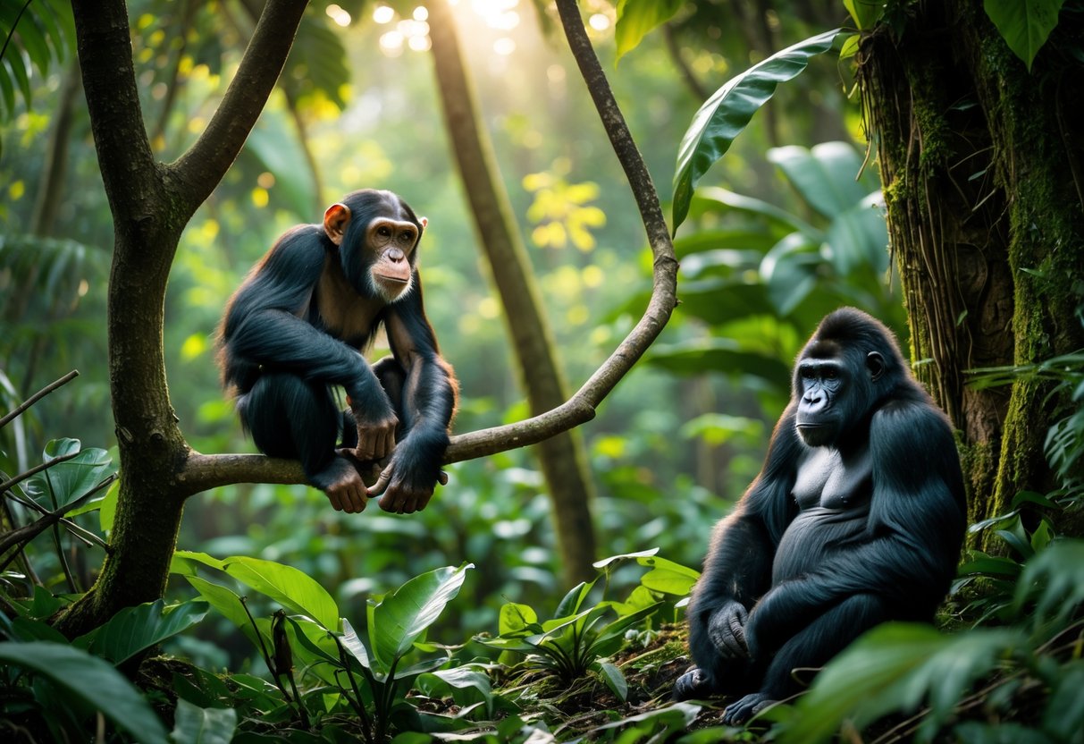 A chimpanzee sitting on a tree branch and a gorilla sitting on the forest floor in a dense tropical rainforest.