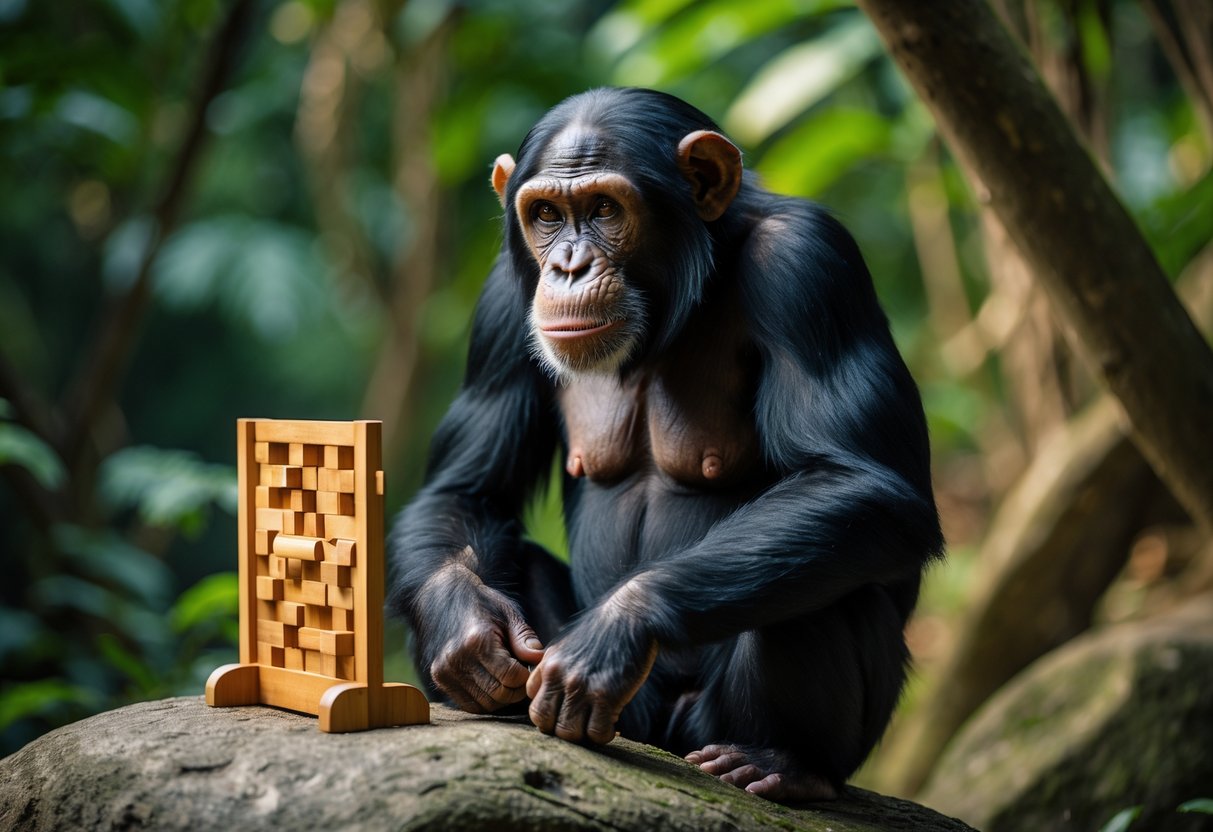 A chimpanzee sitting in a jungle looking thoughtfully at a wooden puzzle on a rock.