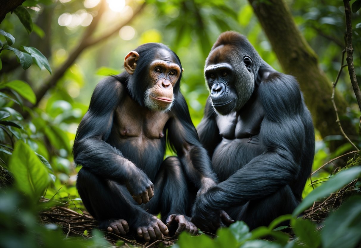 A chimpanzee and a gorilla sitting calmly together in a green forest, appearing relaxed and peaceful.