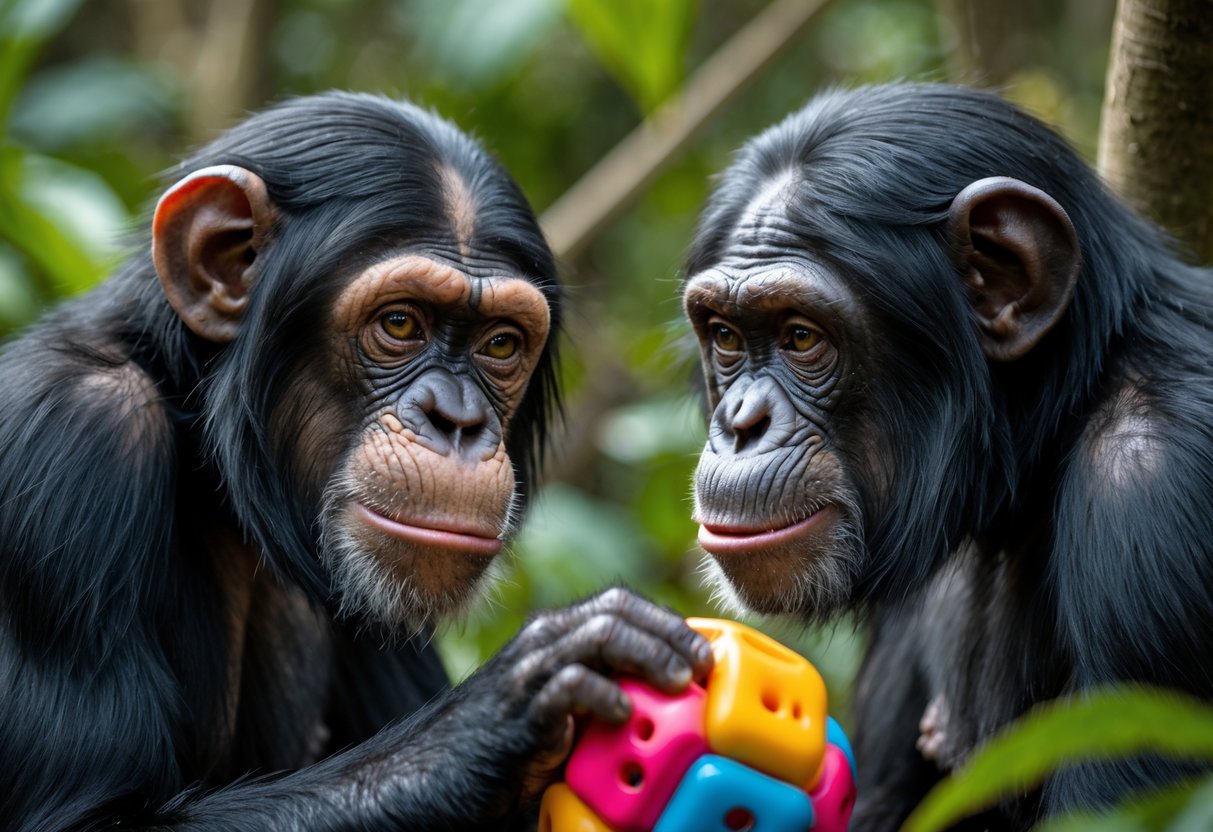 Two chimpanzees in a natural setting, one looking at the other with an expression suggesting jealousy.