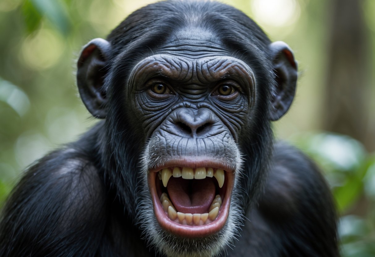 Close-up of a chimpanzee showing its teeth with an intense facial expression in a forest setting.