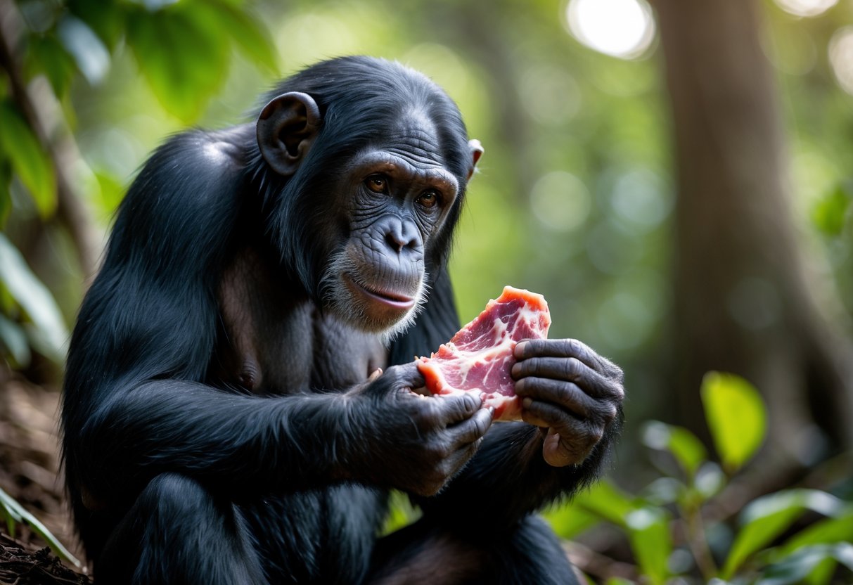A chimpanzee sitting in a forest holding a piece of raw meat and looking at it.