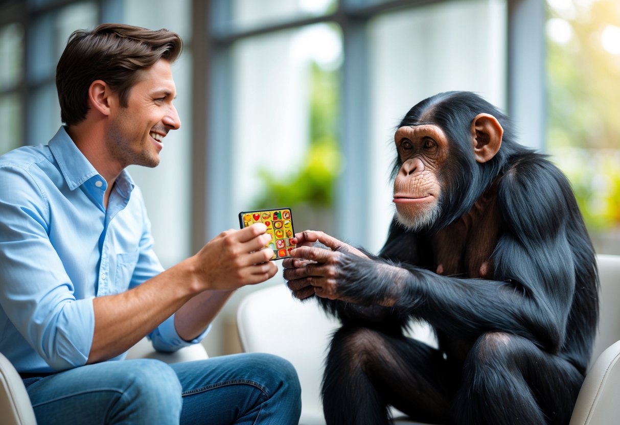 A young adult human and a chimpanzee sitting face to face indoors, engaging with a puzzle game in a friendly competition.